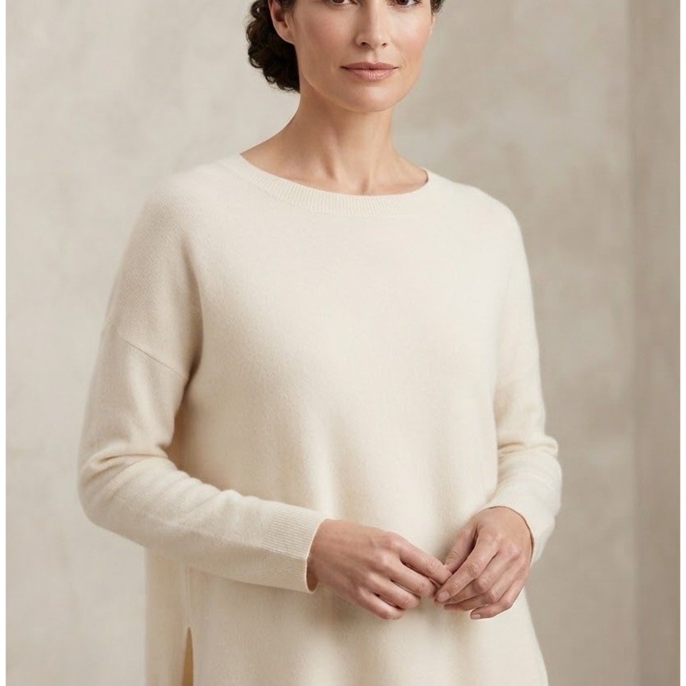 Eileen Fisher Sweater 100% Cashmere Womens Sz M Ivory Boxy Fit Luxury Classic